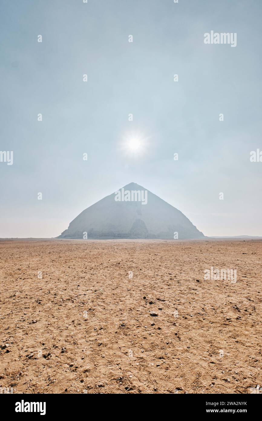 Saqqara, Egypt - January 2, 2024: The ancient Bent Pyramid of Dahshur for Pharaoh Snefru, near Cairo Stock Photo