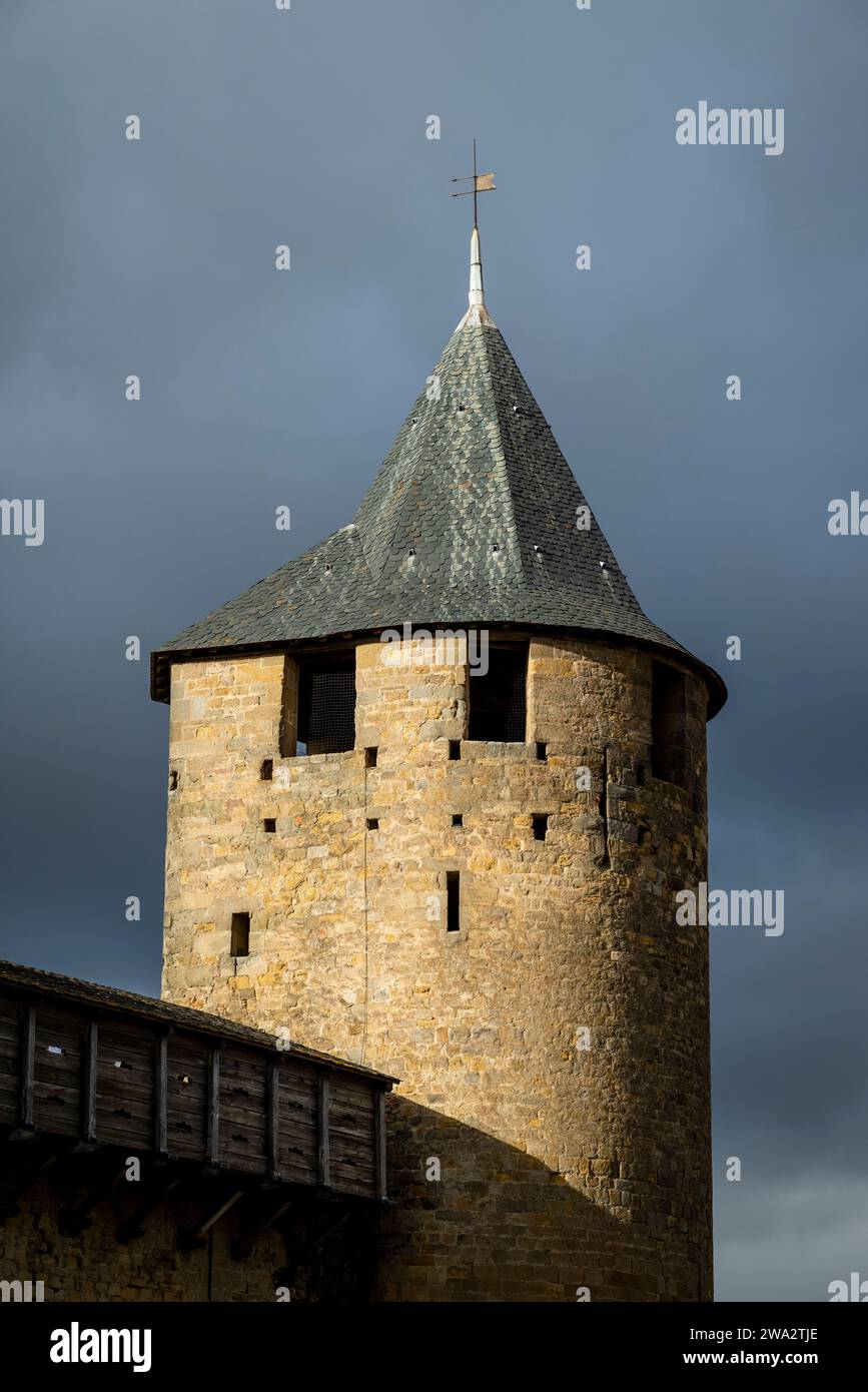 Watchtower, La Cité, medieval citadel with numerous watchtowers and double-walled fortifications. The first walls were built in Gallo-Roman times, wit Stock Photo