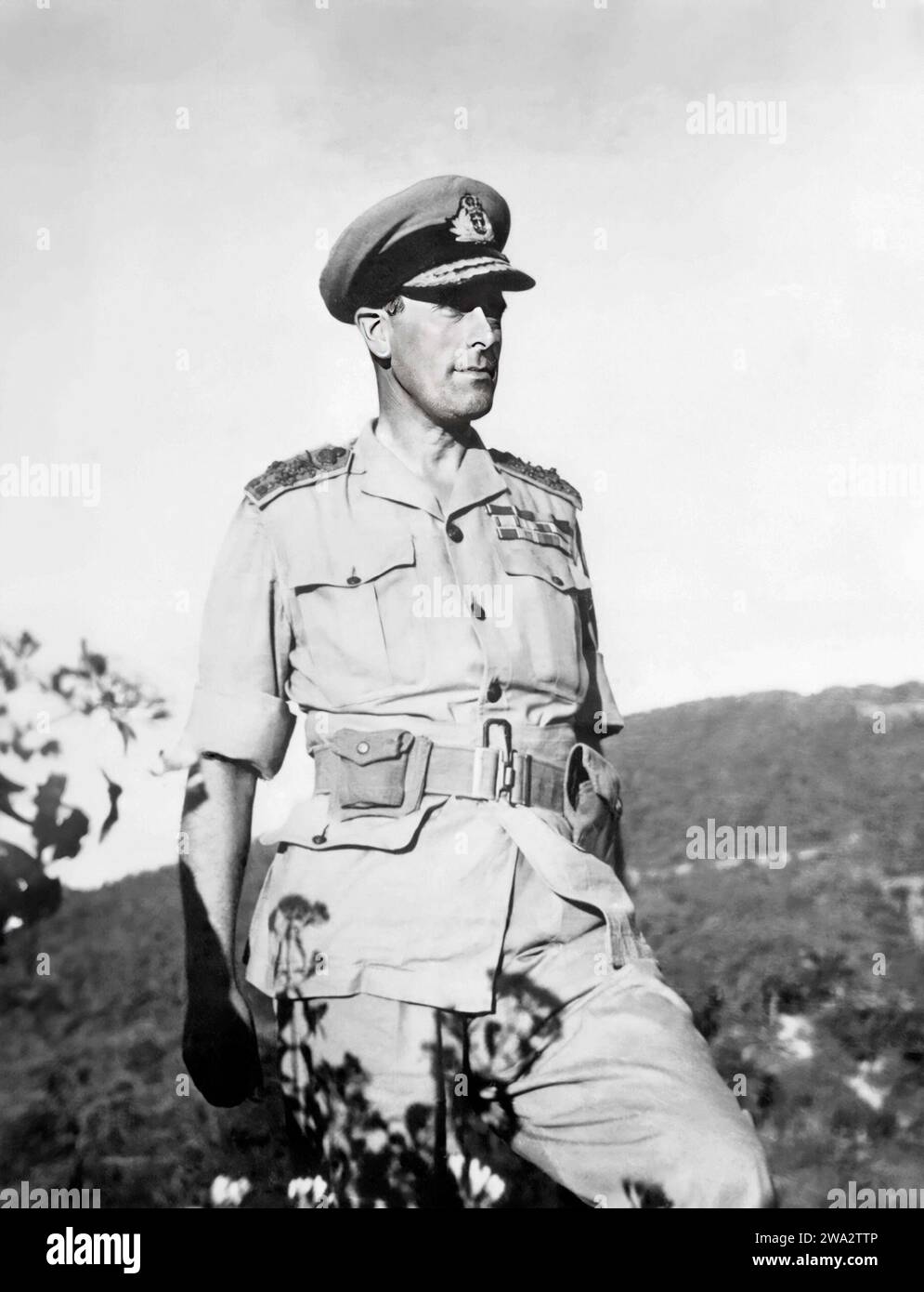 Lord Mountbatten (1900 -1979). Portrait of Albert Victor Nicholas Louis Francis Mountbatten, 1st Earl Mountbatten of Burma during his tour of the Arakan Front in Burma in February 1944 Stock Photo