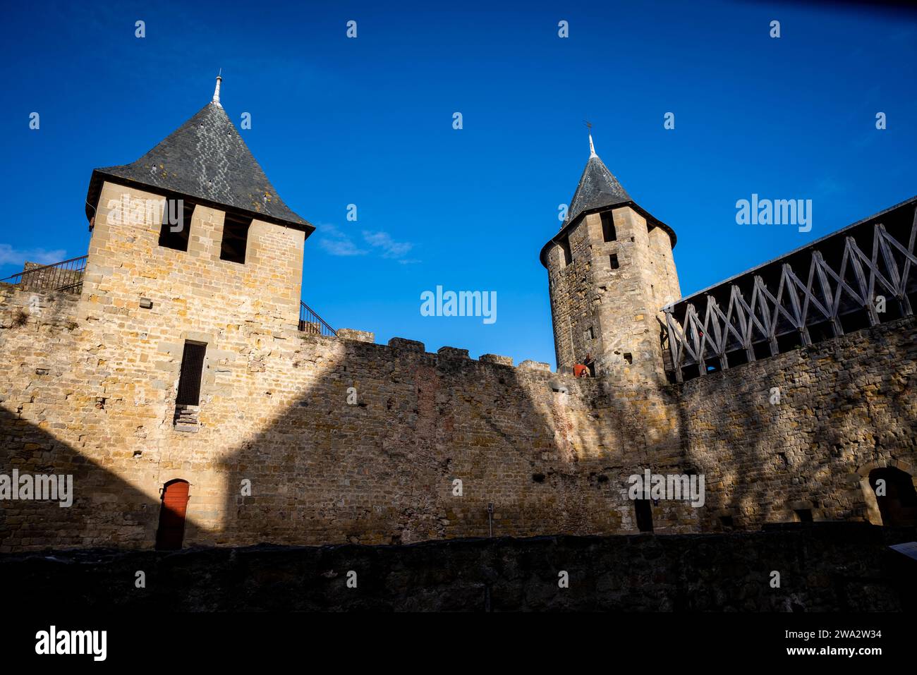 Château Comtal, Large, restored 12th-century hilltop castle, with a museum in this renowned, medieval walled city, La Cité, medieval citadel, Carcasso Stock Photo
