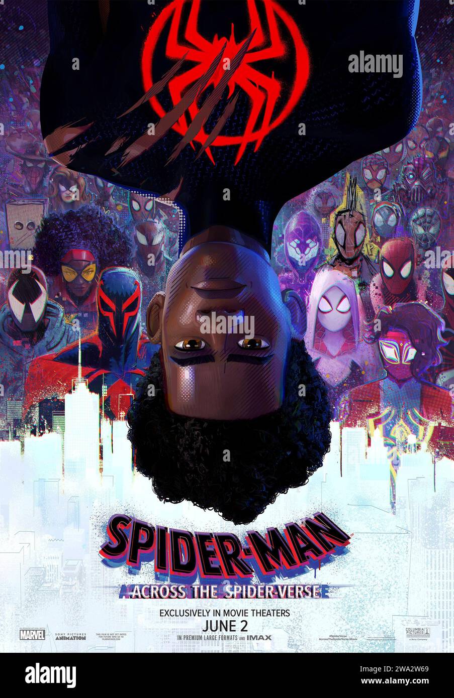 Spider-Man: Across the Spider-Verse (2023) directed by Joaquim Dos Santos, Kemp Powers and Justin K. Thompson and starring Shameik Moore, Hailee Steinfeld and Brian Tyree Henry. Miles Morales catapults across the multiverse, where he encounters a team of Spider-People charged with protecting its very existence. When the heroes clash on how to handle a new threat, Miles must redefine what it means to be a hero. US one sheet poster ***EDITORIAL USE ONLY***. Credit: BFA / Columbia Pictures Stock Photo