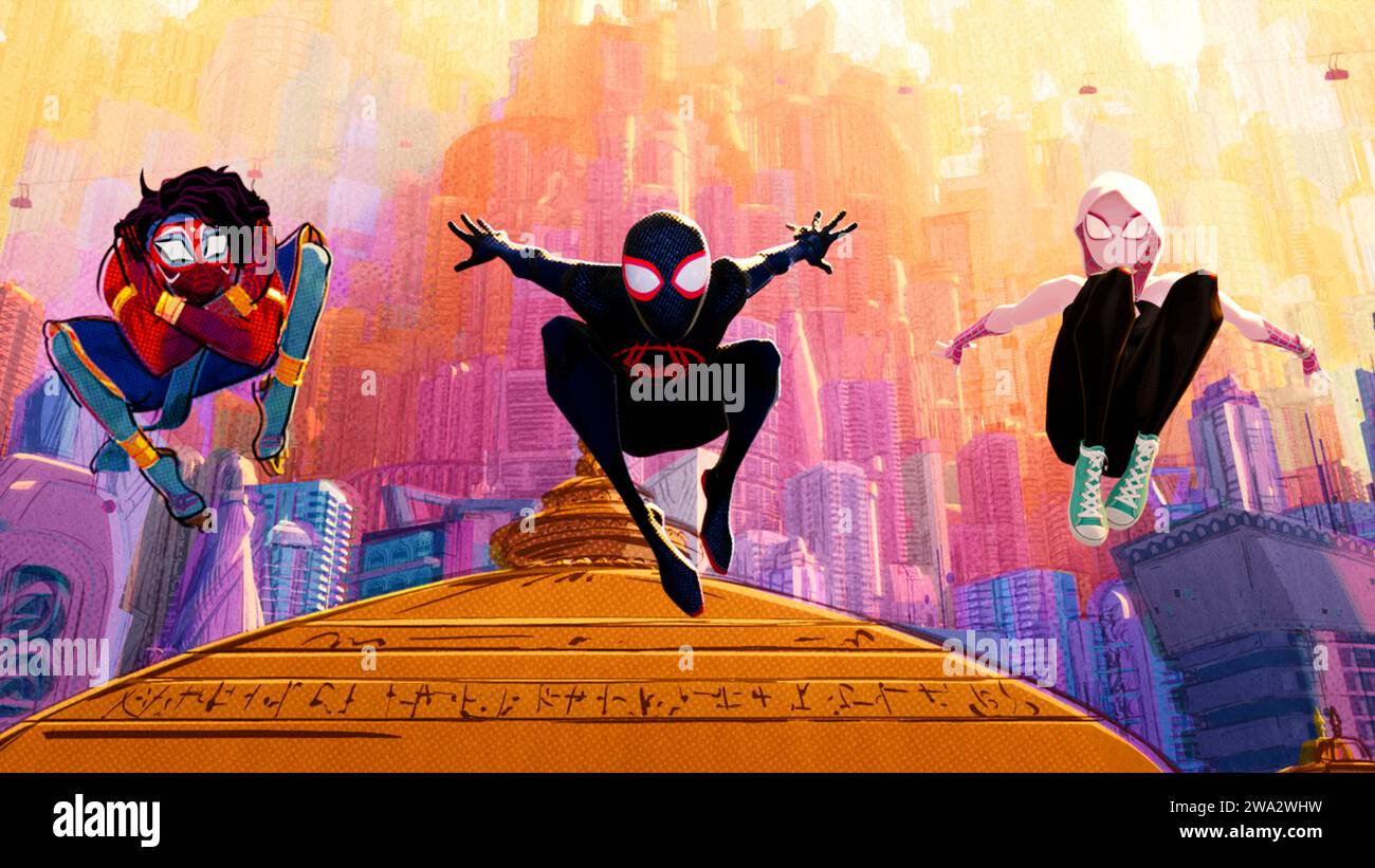 Spider-Man: Across the Spider-Verse (2023) directed by Joaquim Dos Santos, Kemp Powers and Justin K. Thompson and starring Shameik Moore, Hailee Steinfeld and Brian Tyree Henry. Miles Morales catapults across the multiverse, where he encounters a team of Spider-People charged with protecting its very existence. When the heroes clash on how to handle a new threat, Miles must redefine what it means to be a hero. Publicity still ***EDITORIAL USE ONLY***. Credit: BFA / Columbia Pictures Stock Photo
