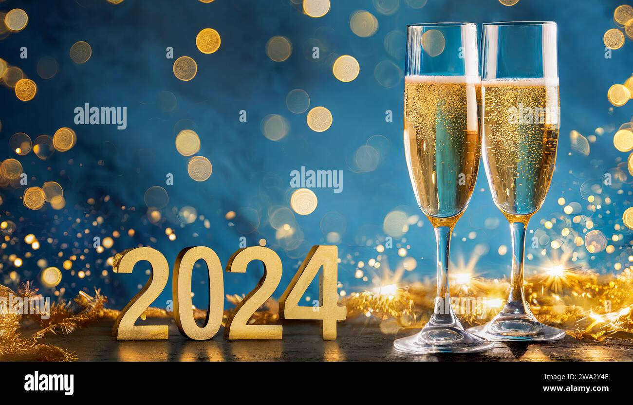 2024 happy new year with two cups of champagne. Champagne glasses on