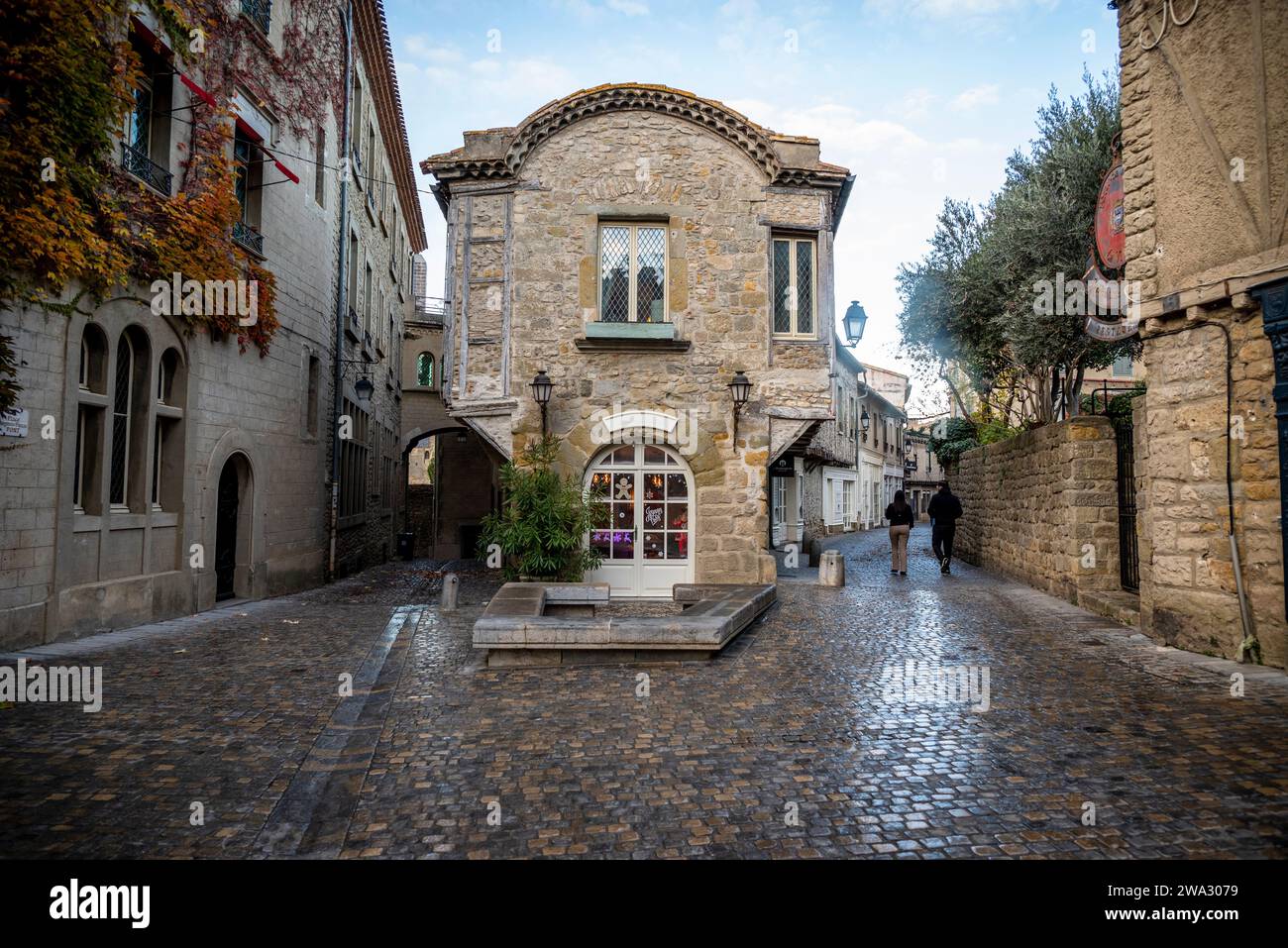 Cobblestone streets in La Cité, medieval fortified city, Carcassonne, France Stock Photo