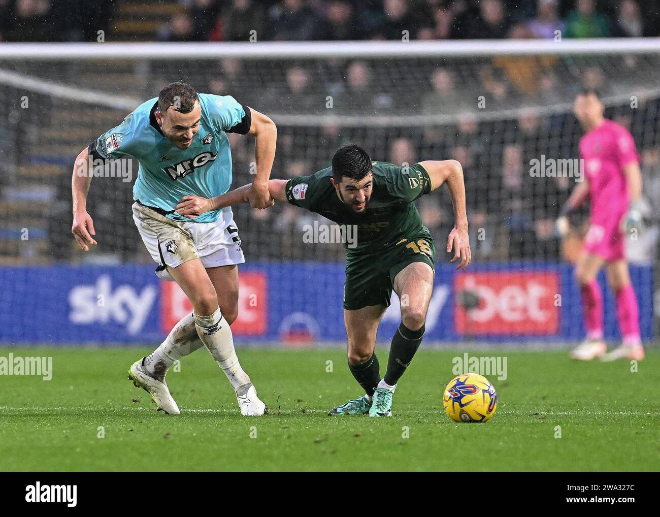 Finn Azaz of Plymouth Argyle battles for the ball during the Sky Bet ...