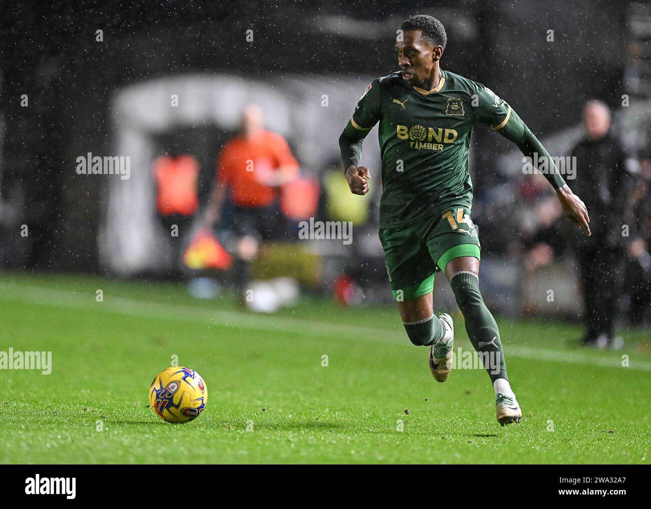 Mickel Miller of Plymouth Argyle in action  during the Sky Bet Championship match Plymouth Argyle vs Watford at Home Park, Plymouth, United Kingdom, 1st January 2024  (Photo by Stan Kasala/News Images) Stock Photo