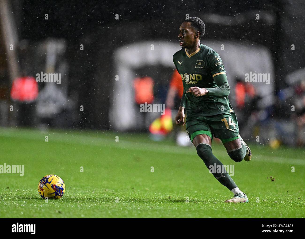 Mickel Miller of Plymouth Argyle on the ball  during the Sky Bet Championship match Plymouth Argyle vs Watford at Home Park, Plymouth, United Kingdom, 1st January 2024  (Photo by Stan Kasala/News Images) Stock Photo