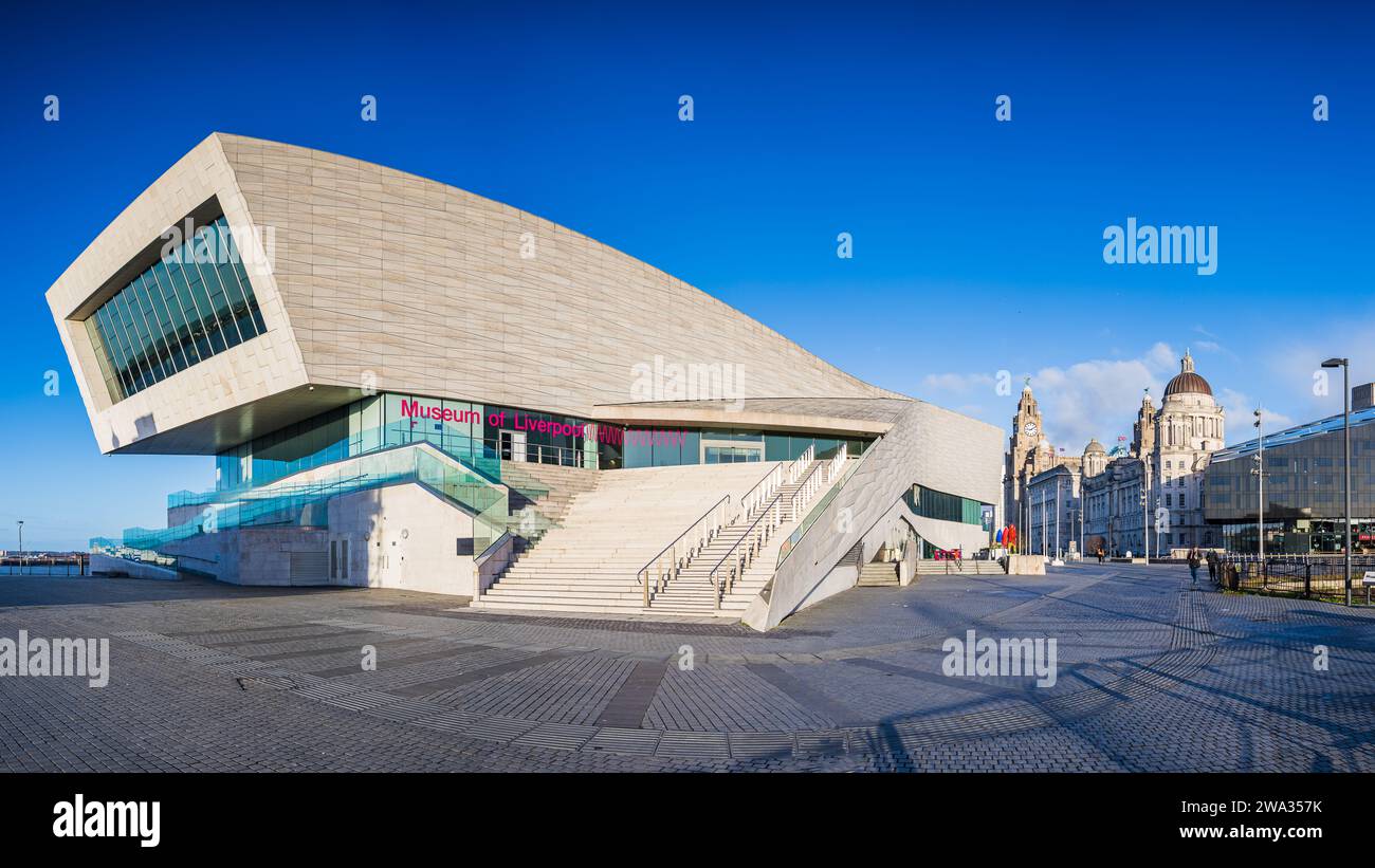 A Multi Image Panorama Of The Museum Of Liverpool Pictured Under A Blue   A Multi Image Panorama Of The Museum Of Liverpool Pictured Under A Blue Sky On The Liverpool Waterfront On 1 January 2024 2WA357K 