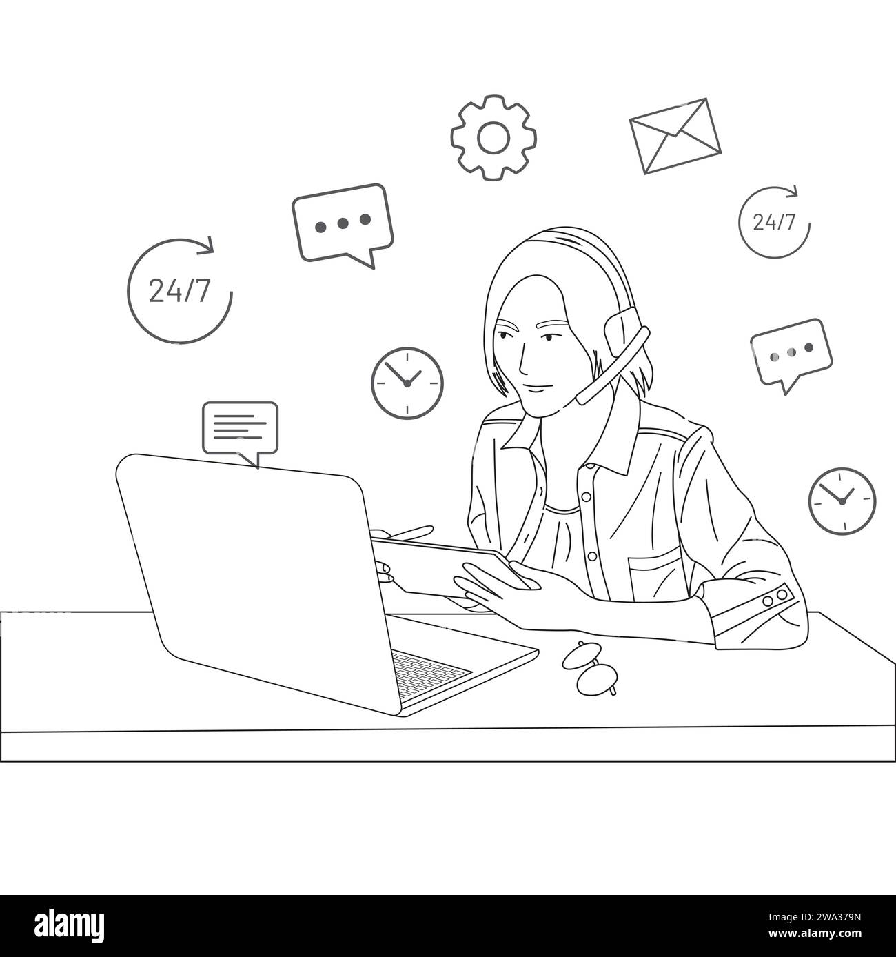 Customer care service girl. Call center girl with headphones and laptop