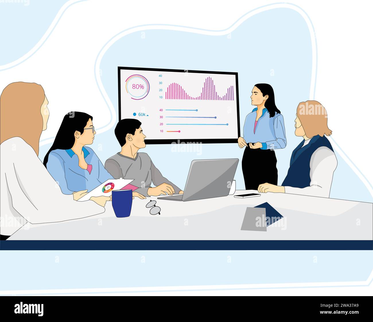 Business presentation meeting flat illustration. Woman entrepreneurs lead the meeting and discuss infographics on screen Stock Vector