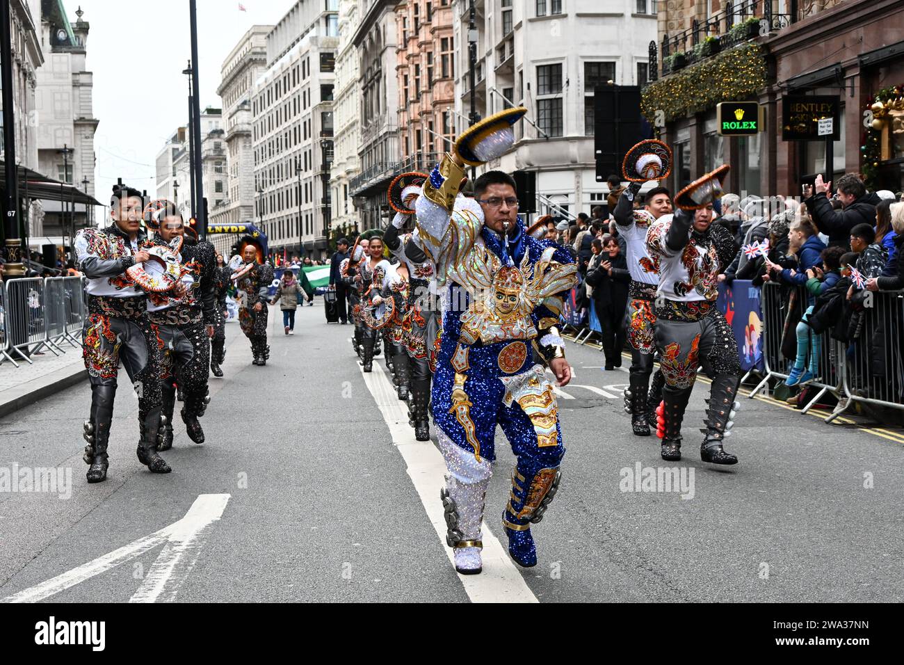 London, UK. 1st Jan, 2024. London's annual New Year parade featuring hundreds of float in Central london, UK. Credit: See Li/Picture Capital/Alamy Live News Stock Photo