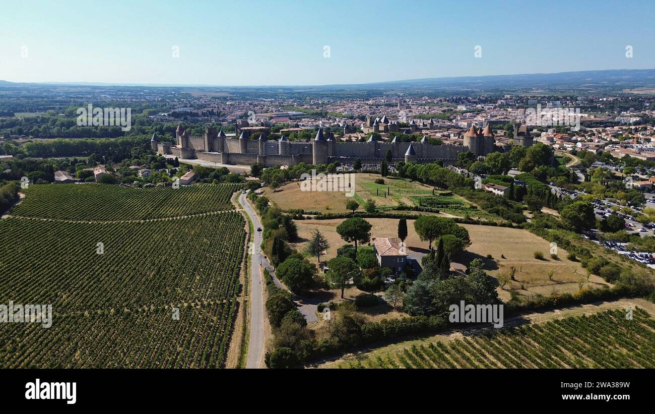 drone photo Carcassonne medieval city, Cité médiévale de Carcassonne France Europe Stock Photo