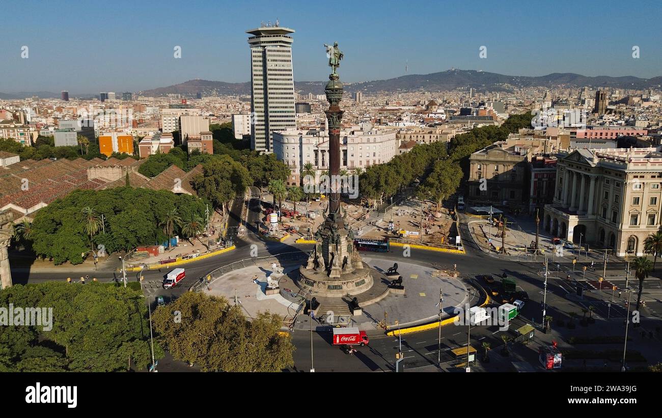 drone photo Christopher Columbus Monument, Monument a Colom barcelona spain europe Stock Photo