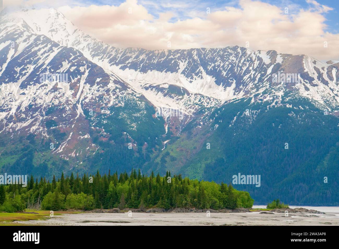 Scenic landscape of the Alaskan mountain range and waters. Stock Photo
