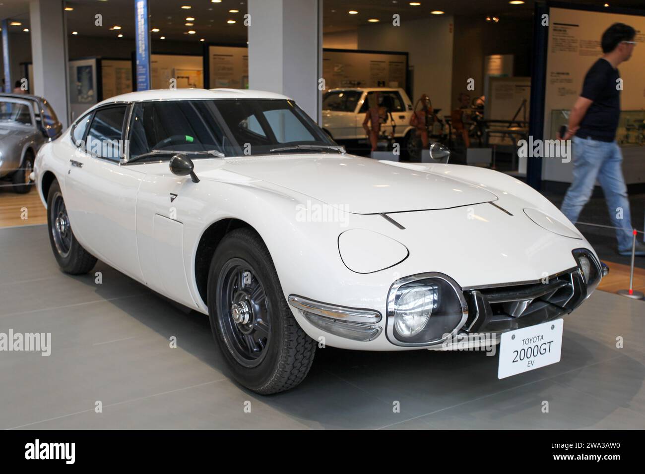 Interior of the Toyota Commemorative Museum of Industry and Technology in Nagoya, Japan. The Toyota 2000 GT is being displayed. Stock Photo