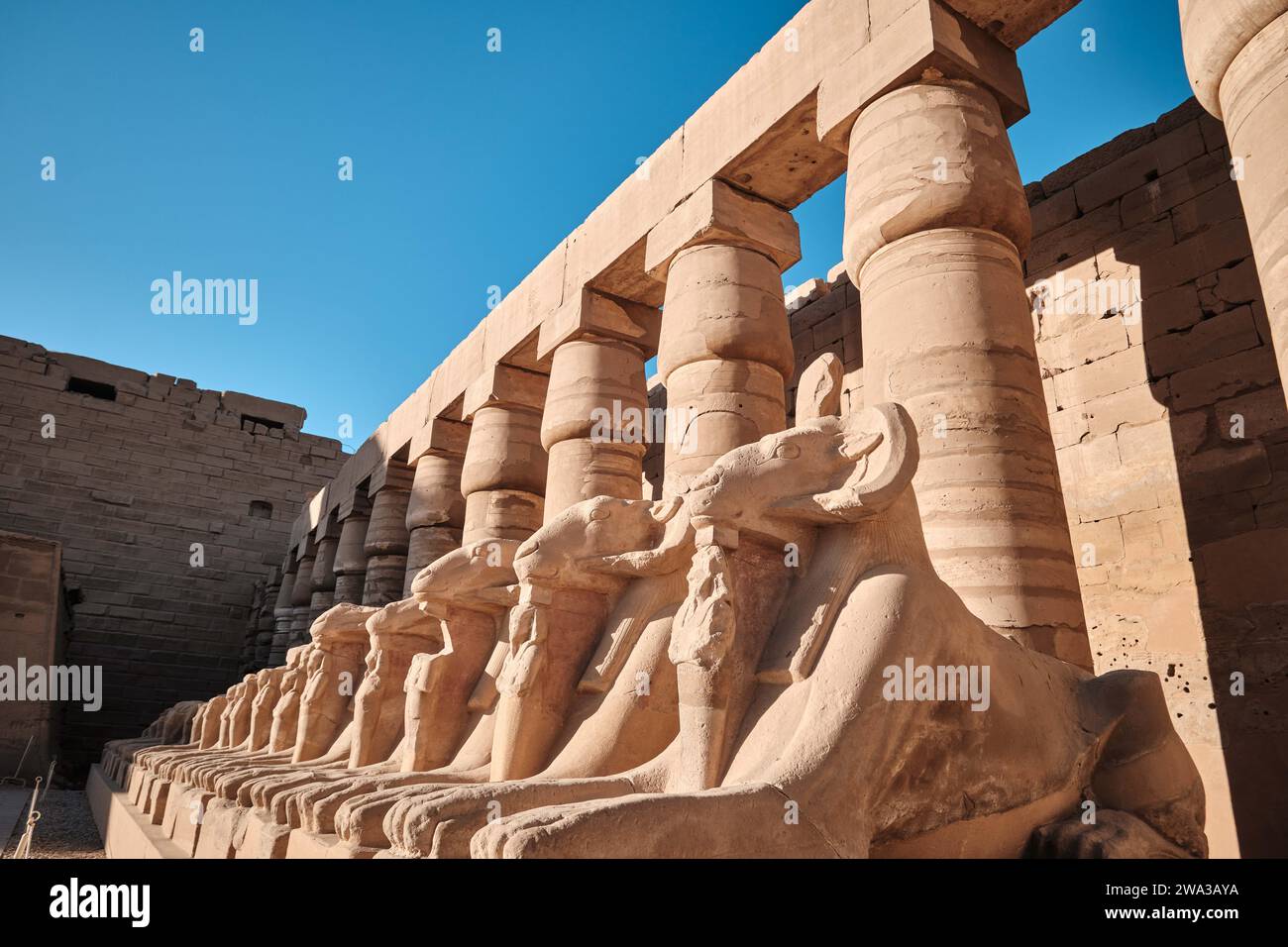 Luxor, Egypt - December 26 2023: Karnak Temple sphinxes alley, The ruins of the temple Stock Photo