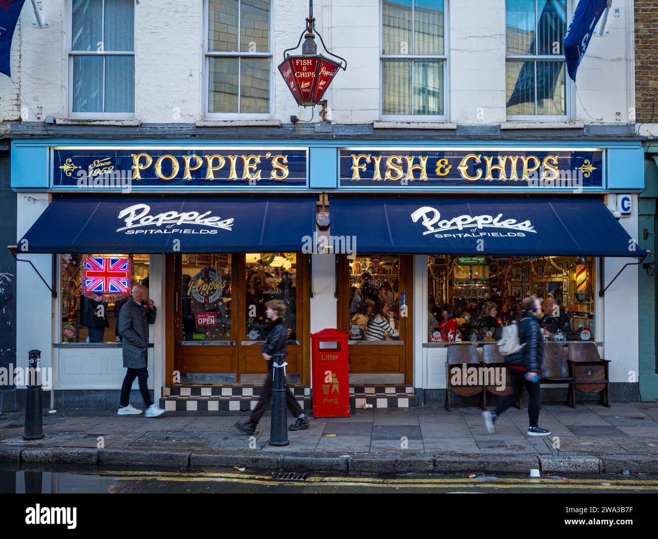 Poppie's Fish & Chips Shop Spitalfields London. Poppies Fish and Chips Shop was founded in 1952. British Fish & Chip Shop. Stock Photo