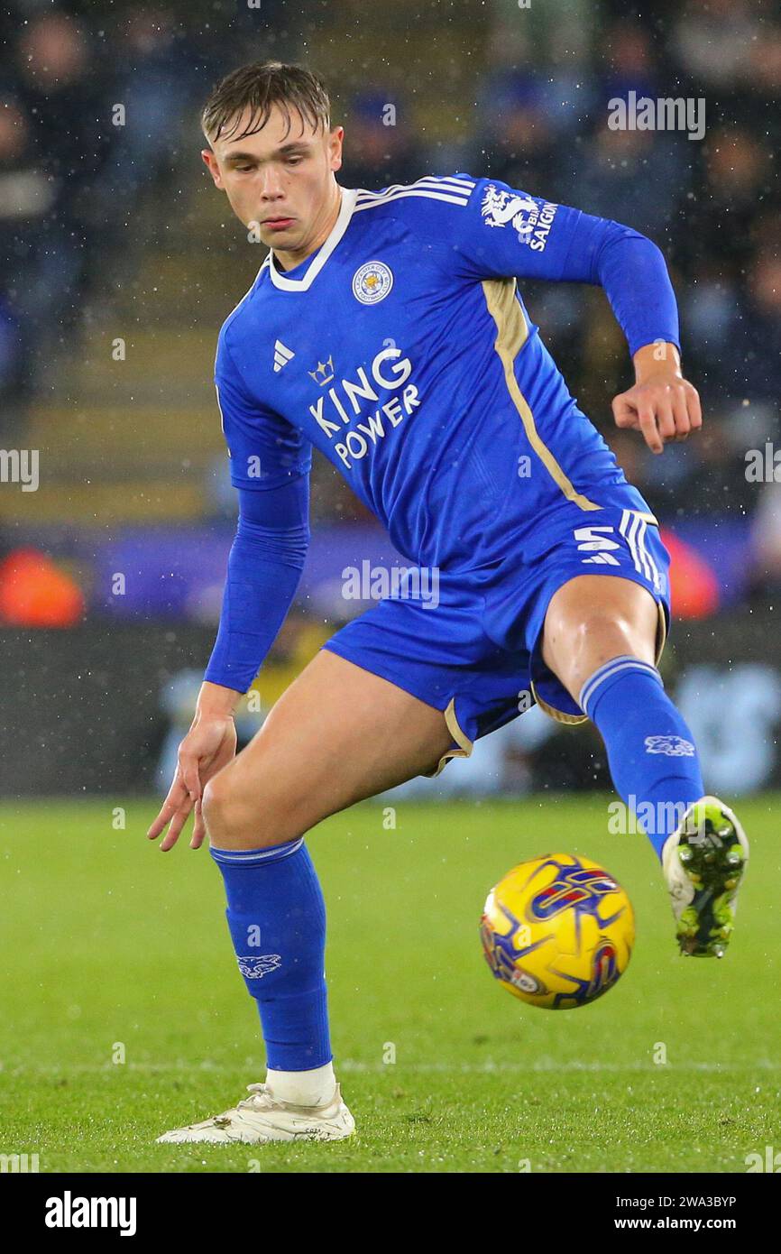 Callum Doyle of Leicester City during the Sky Bet Championship match Leicester City vs Huddersfield Town at King Power Stadium, Leicester, United Kingdom, 1st January 2024  (Photo by Gareth Evans/News Images) Stock Photo