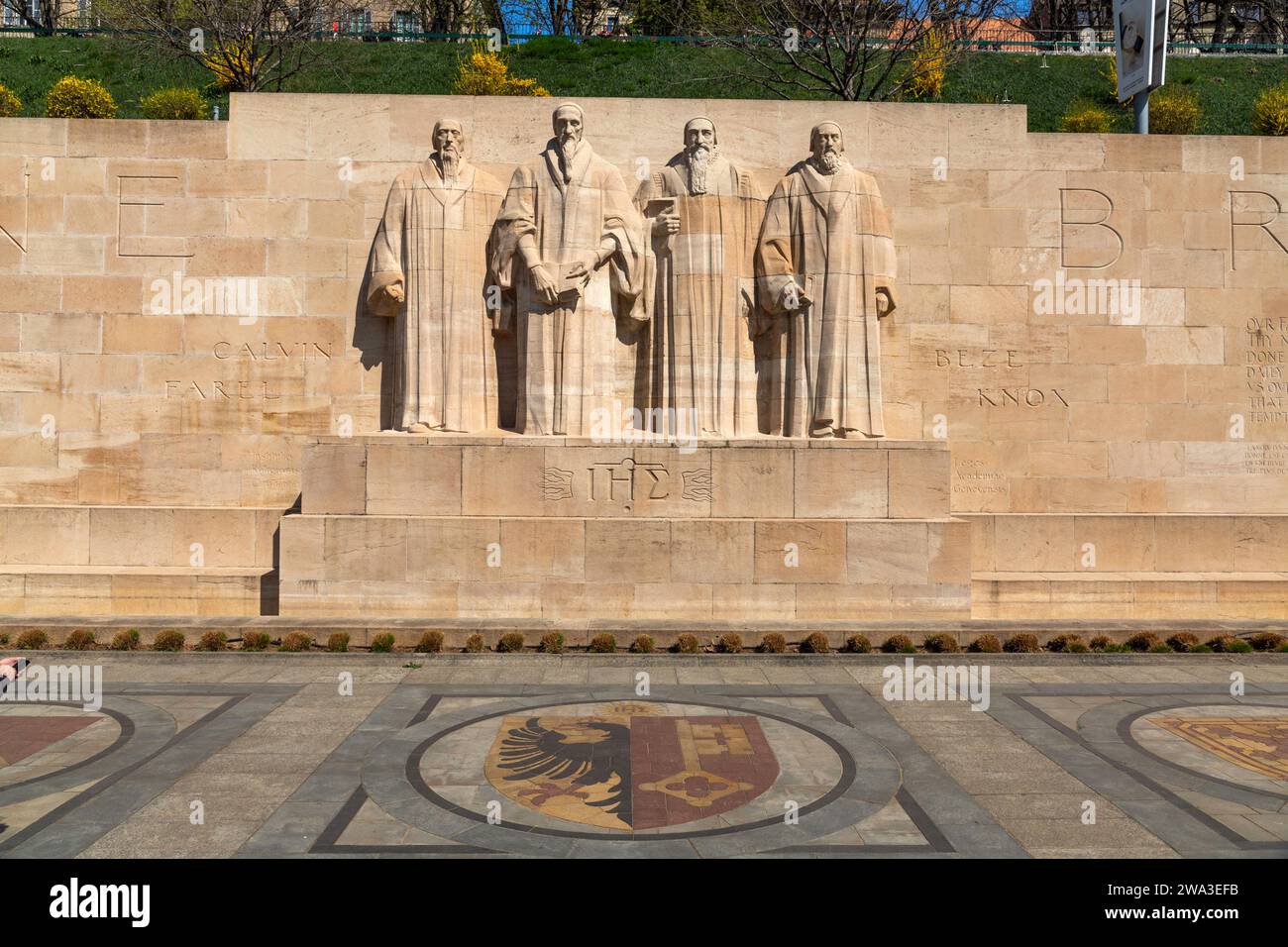 Geneva, Switzerland - 24 March 2022: The International Monument to the Reformation, usually known as the Reformation Wall was inaugurated in 1909 in G Stock Photo