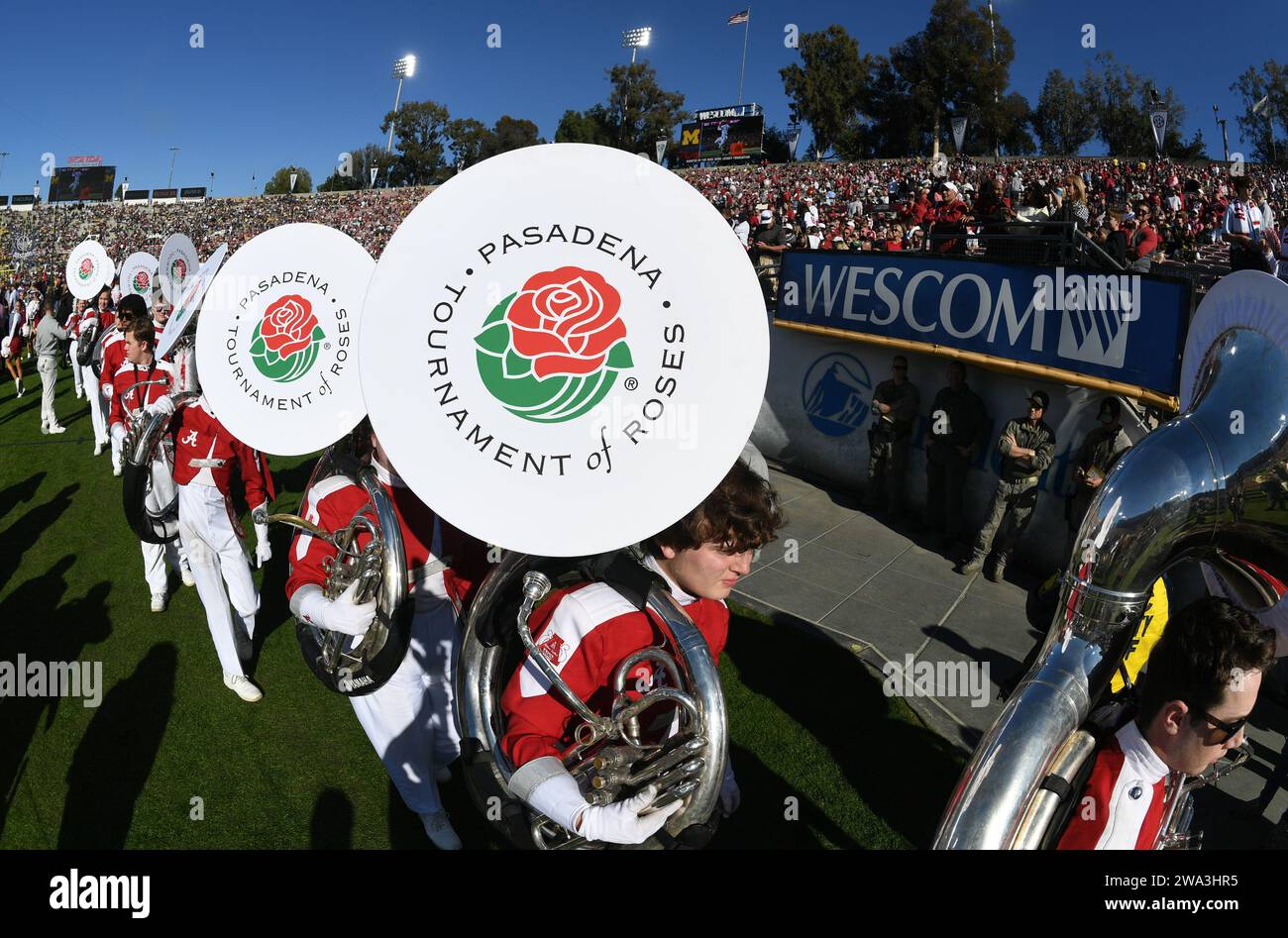 Pasadena, United States. 01st Jan, 2024. Members of the Alabama Crimson Tide marching band take the field before the start of the 2024 Rose Bowl NCAA football game against the Michigan Wolverine at the Rose Bowl in Pasadena, California on Monday, January 1, 2024. Photo by Jon SooHoo/UPI Credit: UPI/Alamy Live News Stock Photo