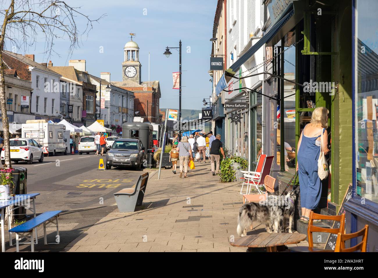 Bridport Dorset, town centre and shops shoppers along east street on a sunny September day, English town,England,UK,2023 Stock Photo