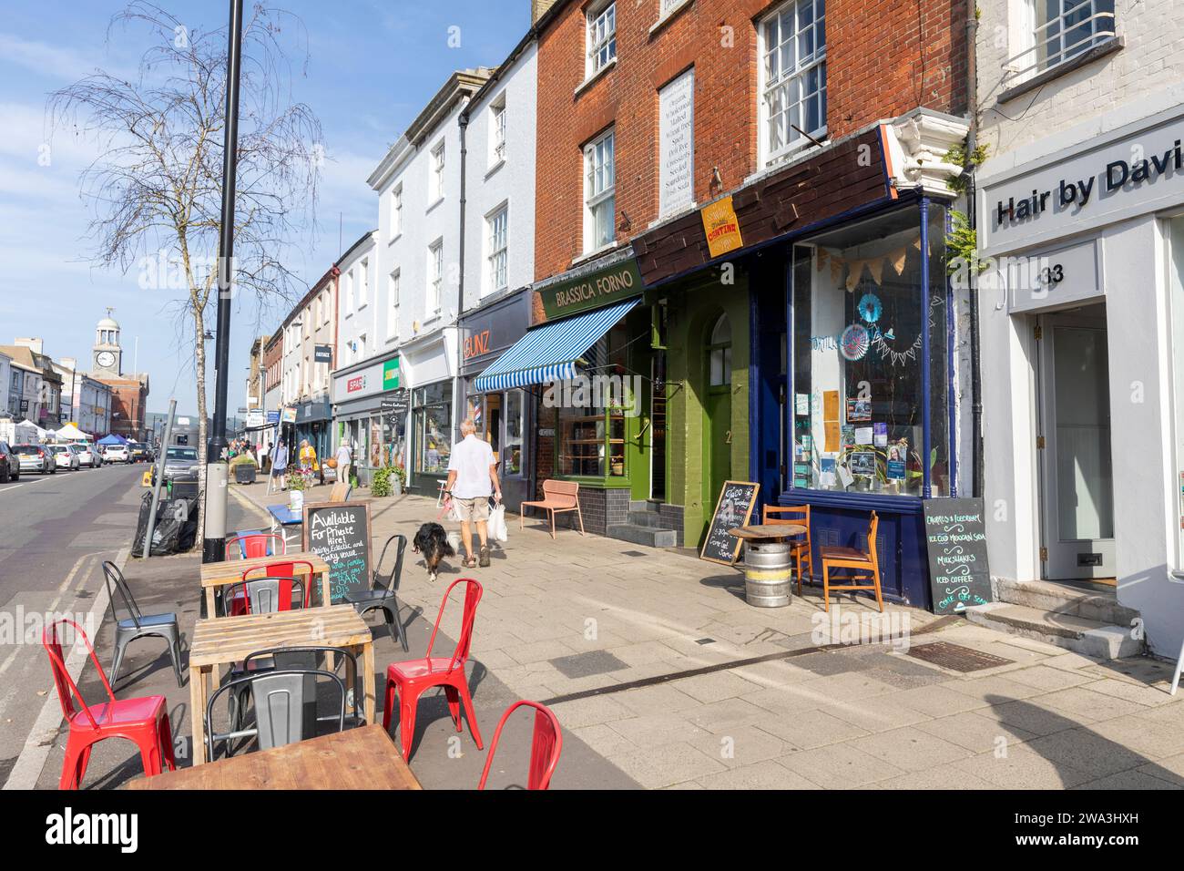 Bridport Dorset, town centre and shops shoppers along east street on a sunny September day, English town,England,UK,2023 Stock Photo