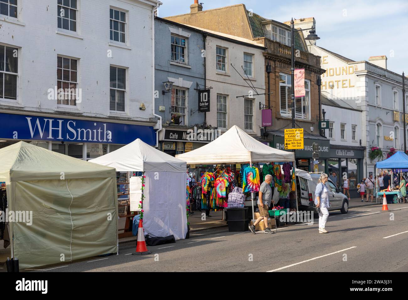Bridport in west Dorset, market day in the town and stallholders