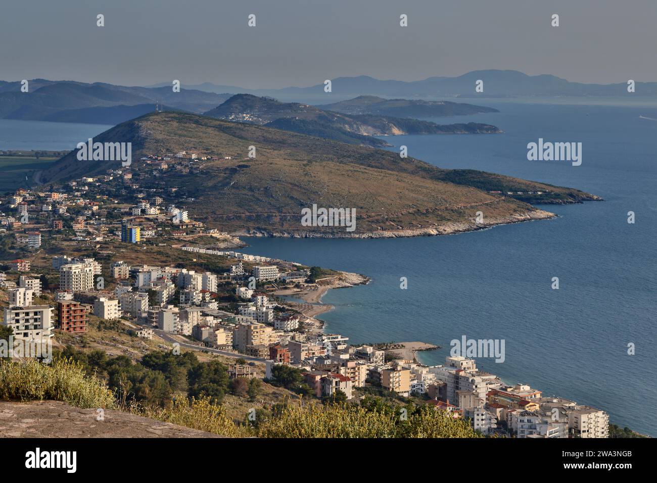 View of Qeparo, the Albanian Riviera and the Ionian Sea, Qeparo, Albania, Europe Stock Photo