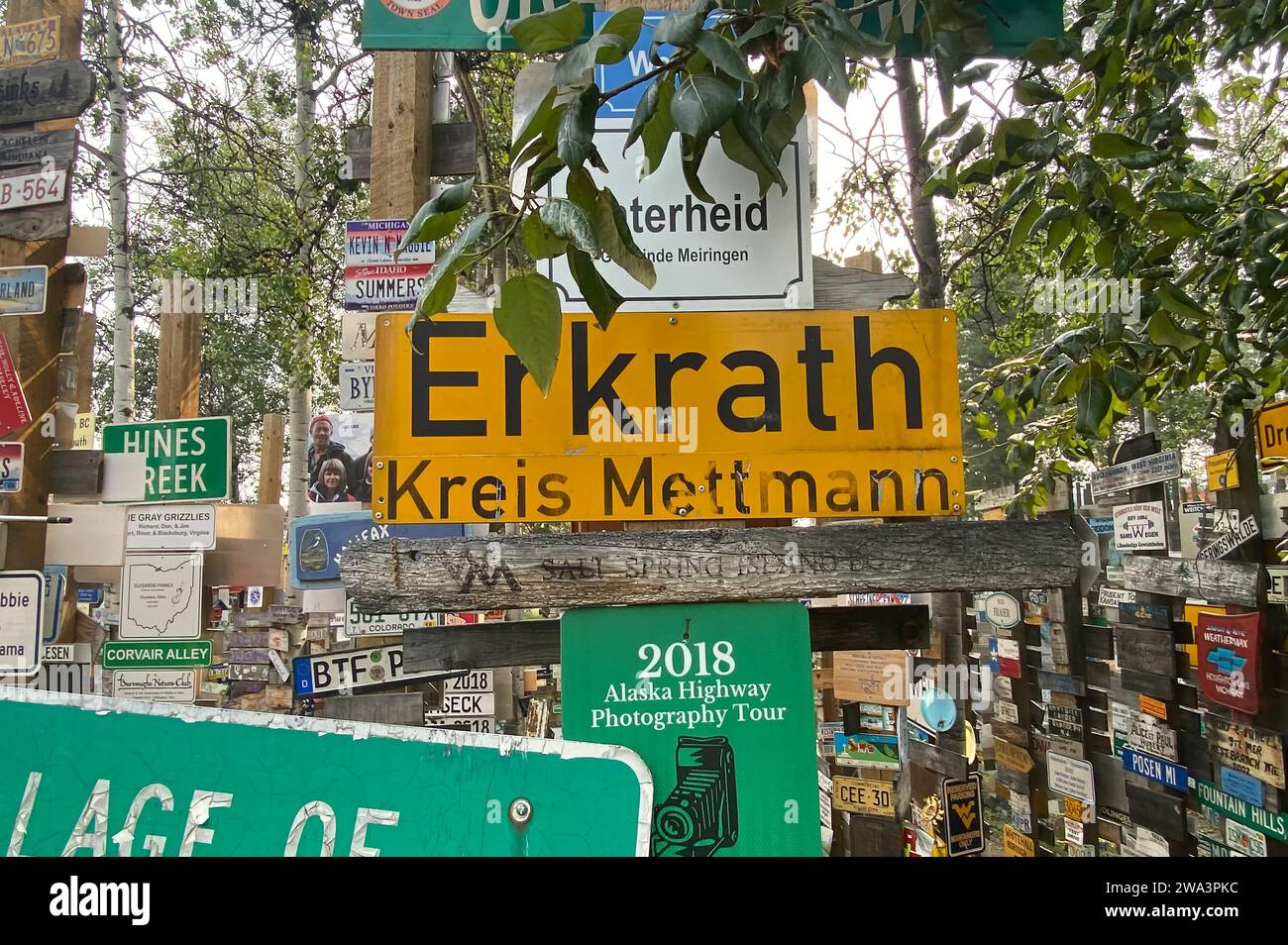 Place and traffic signs in the signpost forest, Watson Lake, Yukon