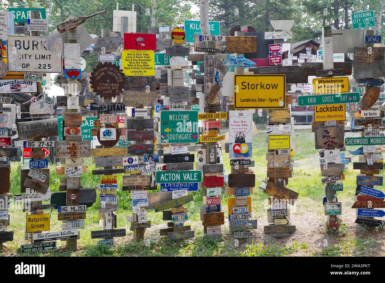 Place and traffic signs in the signpost forest, Watson Lake, Yukon