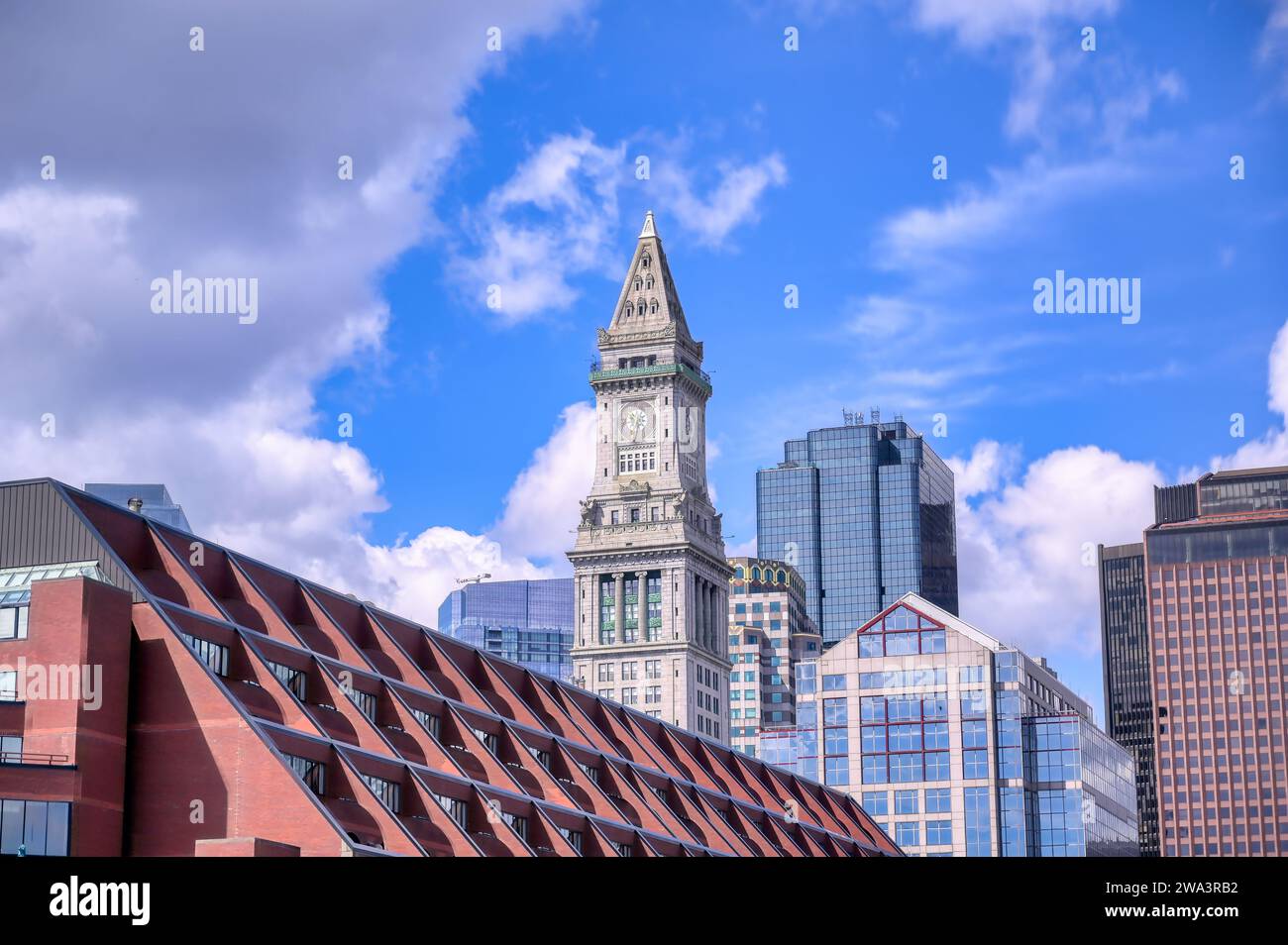 The Custom House Tower along the Boston, Massachusetts skyline on a sunny day. Stock Photo