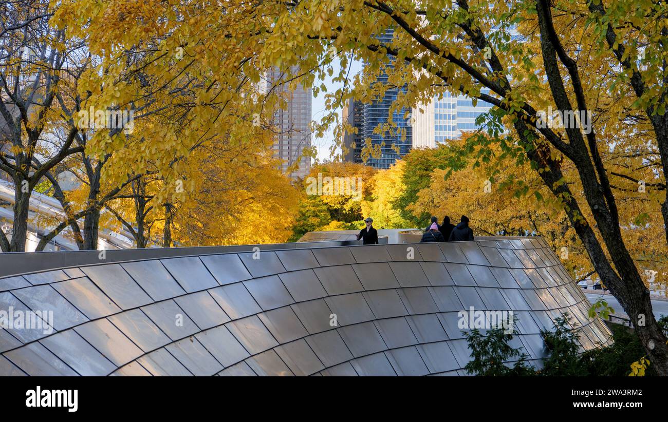BP Pedestrian Bridge, Millennium Park, Chicago, Illinois. Autumn. Stock Photo