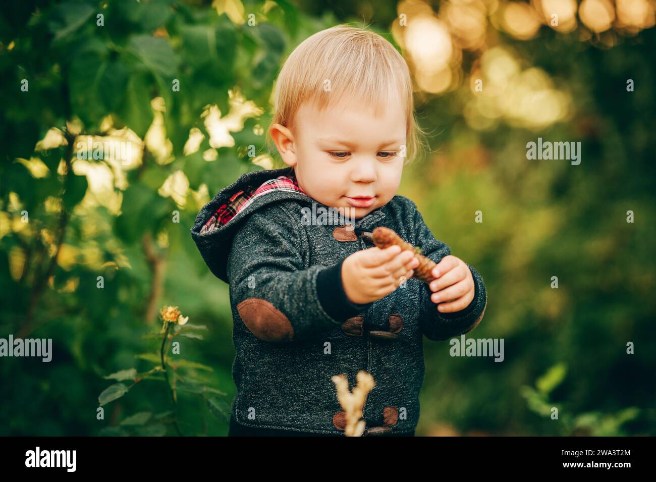 Adorable 1 year old toddler boy playing in the park on a nice sunny day Stock Photo