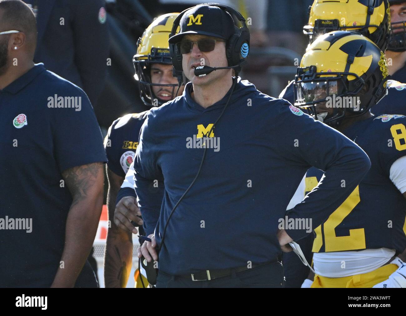 Pasadena, United States. 01st Jan, 2024. Michigan Wolverines head coach Jim Harbaugh watches the action against the Alabama Crimson Tide in the first half in the 2024 Rose Bowl NCAA football game at the Rose Bowl in Pasadena, California on Monday, January 1, 2024. Photo by Jon SooHoo/UPI Credit: UPI/Alamy Live News Stock Photo