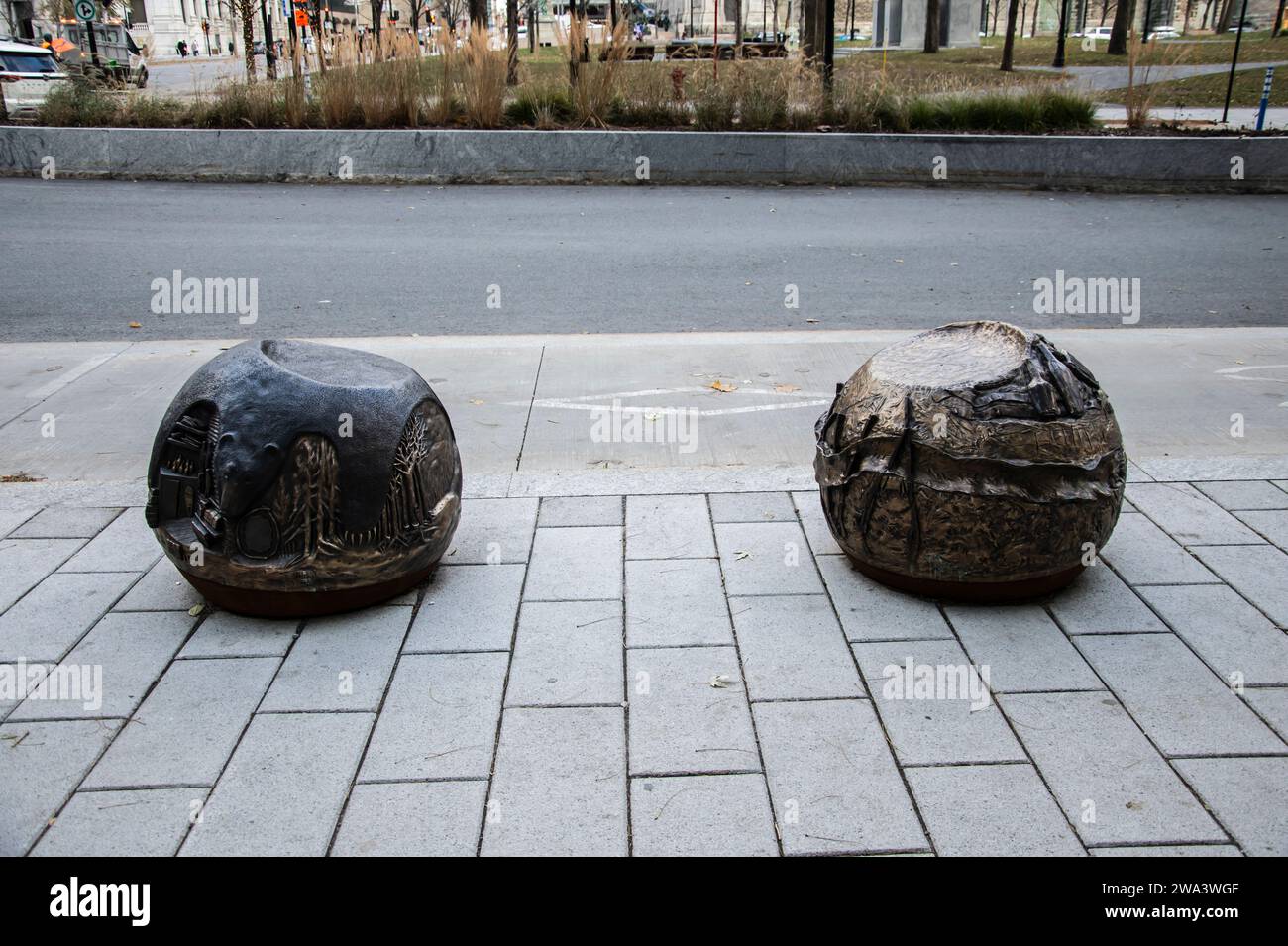 Indigenous contributions bronze sculpture on Peel Street in downtown