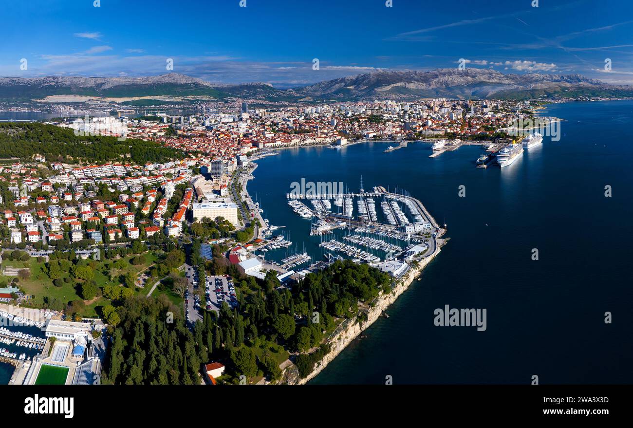 The aerial view of harbour and city centre in Split, Croatia Stock