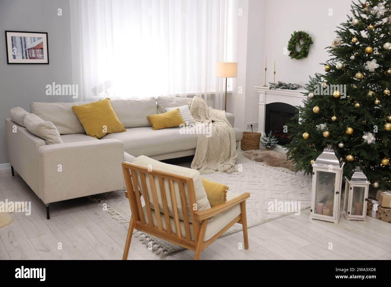 Christmas tree in furnished living room. Festive interior design Stock ...