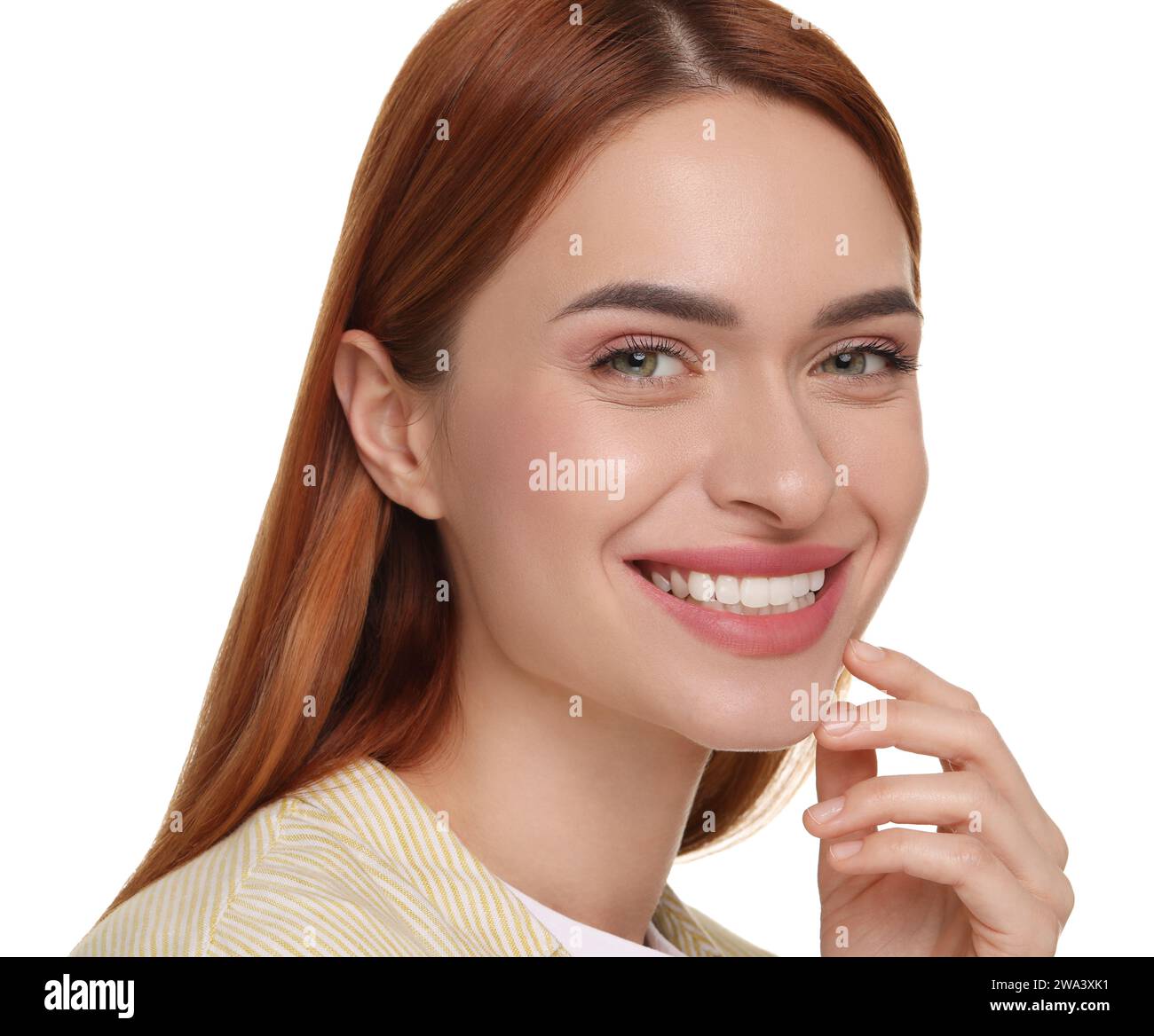Beautiful woman with clean teeth smiling on white background Stock ...