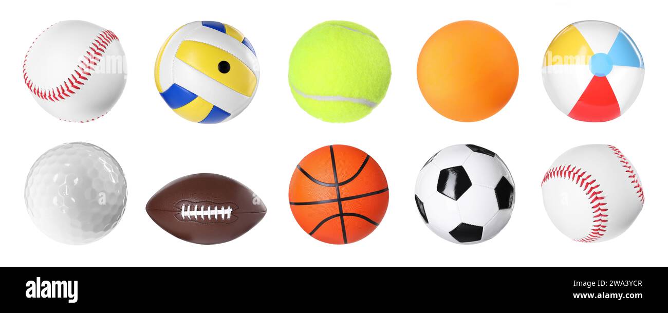 Different balls for various sports isolated on white, collection Stock Photo Alamy