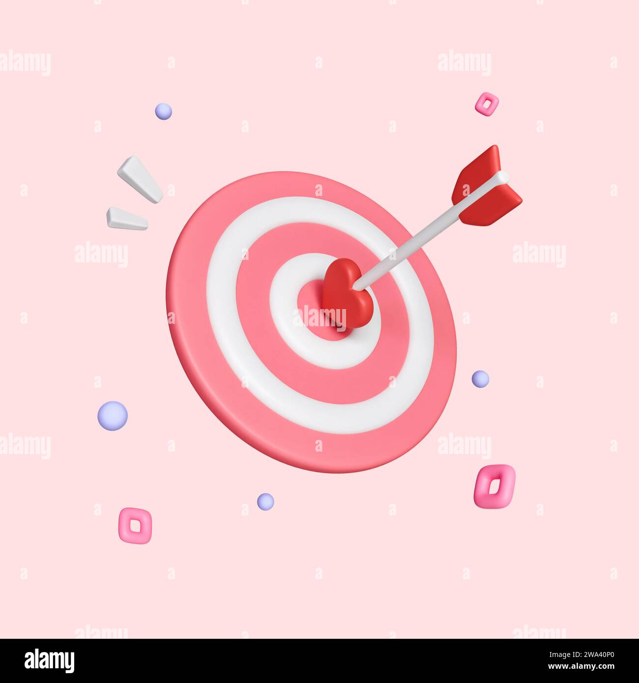 Pink dart hit to center of dartboard, Heart shaped target and arrow
