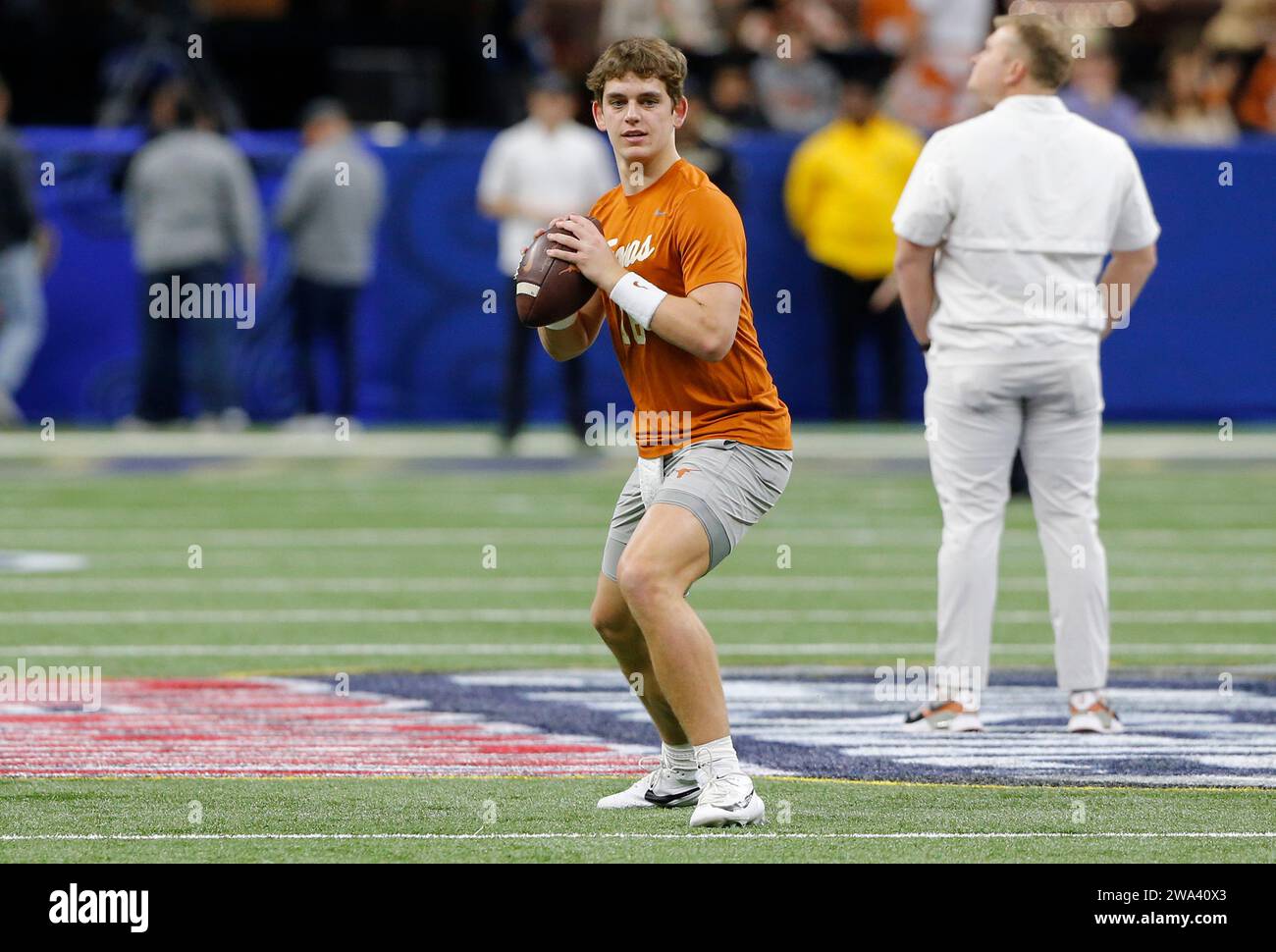 New Orleans, United States. 02nd Jan, 2024. Texas Longhorns Arch Manning warms up before the 2024 Sugar Bowl NCAA football game against the Washington Huskies at Caesars Superdome in New Orleans, Louisiana on Monday, January 1, 2024. Photo by AJ Sisco/UPI Credit: UPI/Alamy Live News Stock Photo
