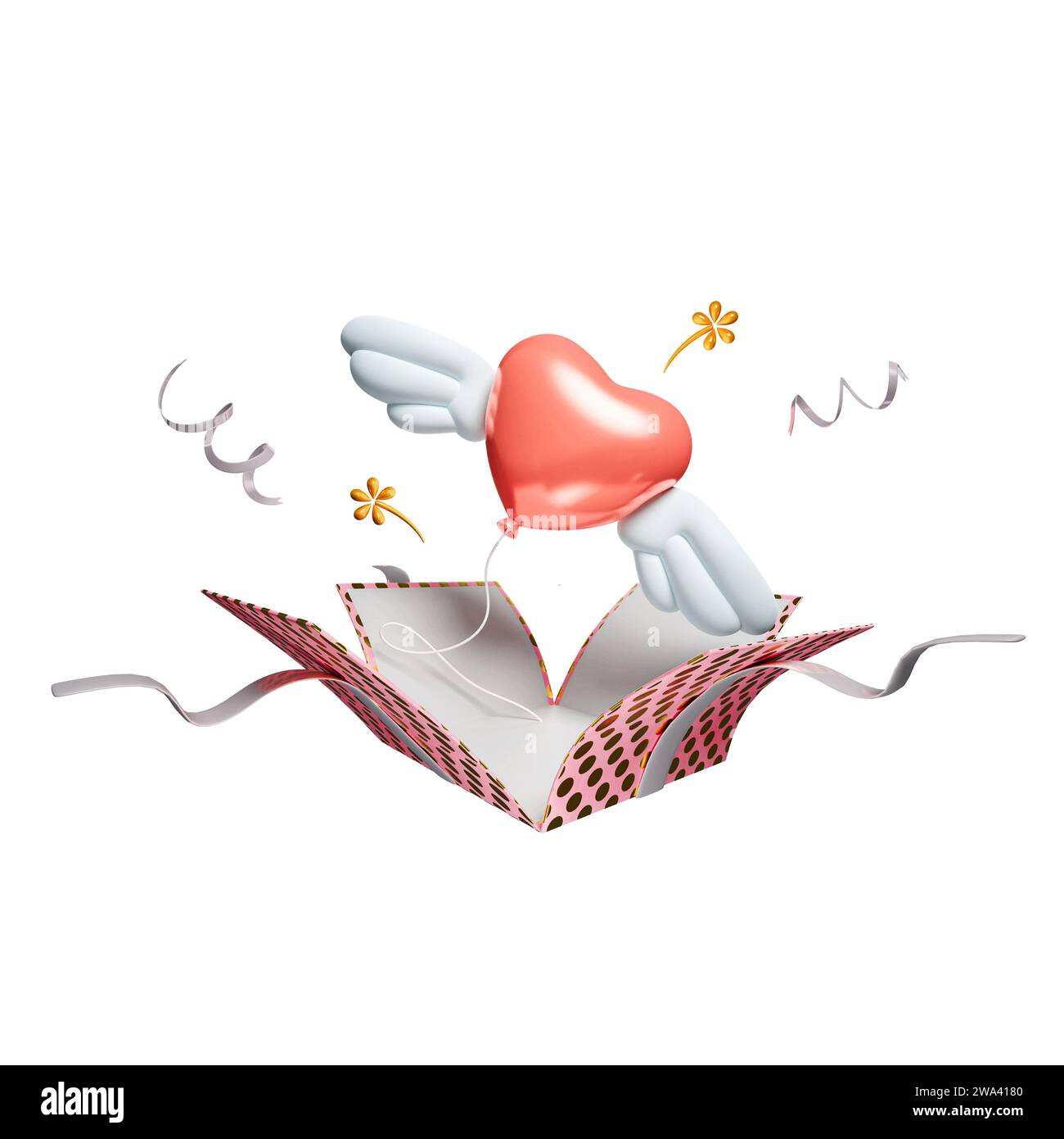 Happy Valentines day with opened gift box, heart shape wing isolated on ...