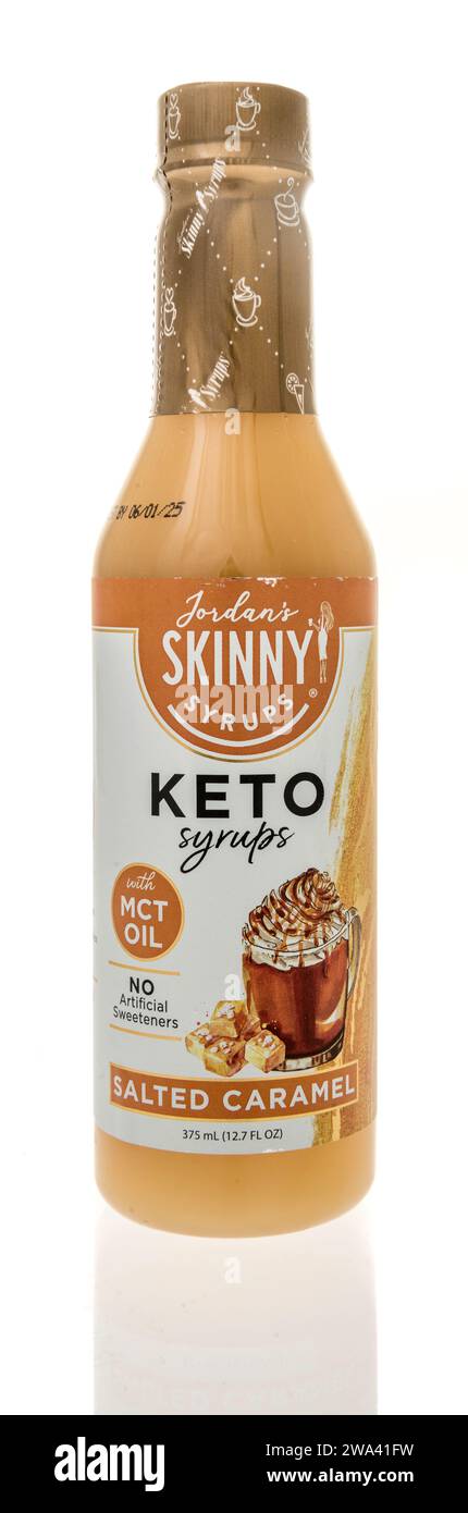 Winneconne, WI - 23 December 2023: A bottle of Jordans skinny syrups keto with MCT oil on an isolated background. Stock Photo