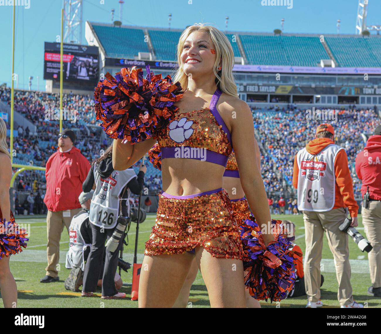 Jacksonville, FL, USA. 29th Dec, 2023. The Clemson Rally Cats dance during a timeout at the 2023 TaxSlayer Gator Bowl football game between the Clemson Tigers and the Kentucky Wildcats at Everbank Stadium in Jacksonville, FL. Kyle Okita/CSM/Alamy Live News Stock Photo