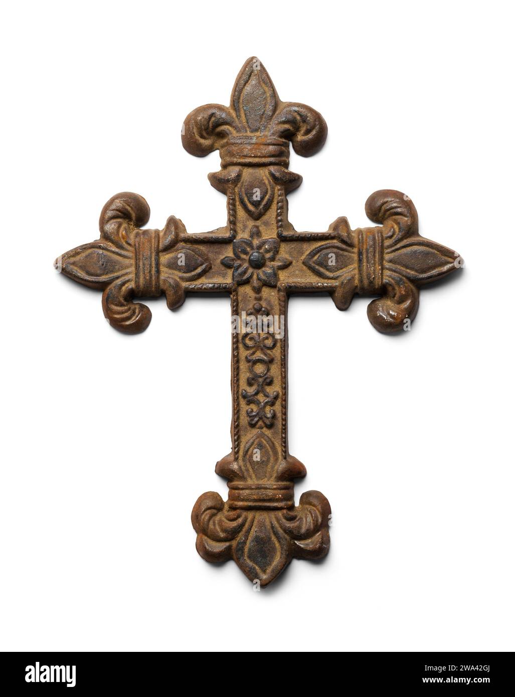 Old Metal Cross Cut Out on White. Stock Photo