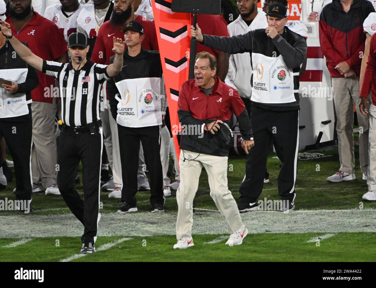 Pasadena, United States. 01st Jan, 2024. Alabama Crimson Tide Nick Saban reacts to a call during the fourth quarter against the Michigan Wolverines in the 2024 Rose Bowl NCAA football game at the Rose Bowl in Pasadena, California on Monday, January 1, 2024. Photo by Jon SooHoo/UPI Credit: UPI/Alamy Live News Stock Photo