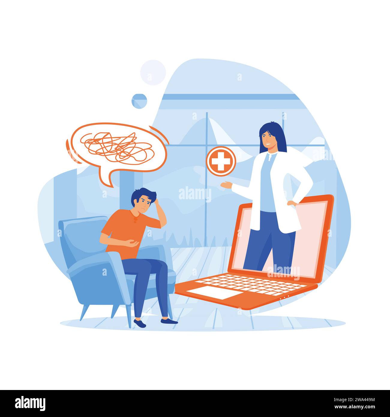 Online remote psychologist doctor appointment, tiny woman character