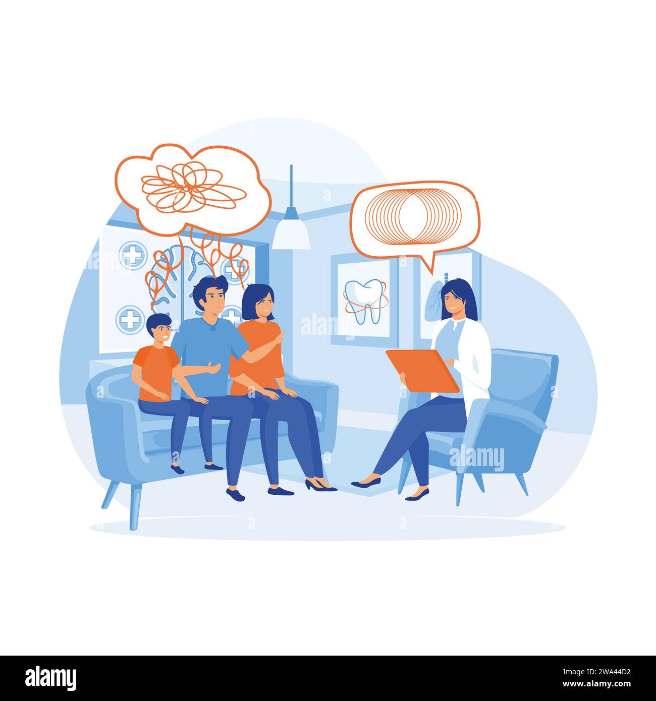 Psychotherapy. Family psychologist speaking with couple , family psychiatry concept. flat vector modern illustration Stock Vector