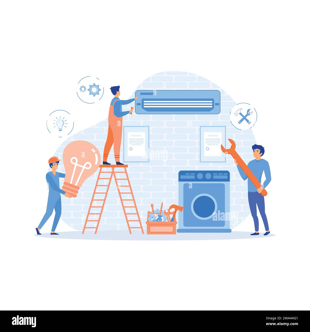 Happy servicemen repairing machines at home flat vector illustration. flat vector modern illustration Stock Vector