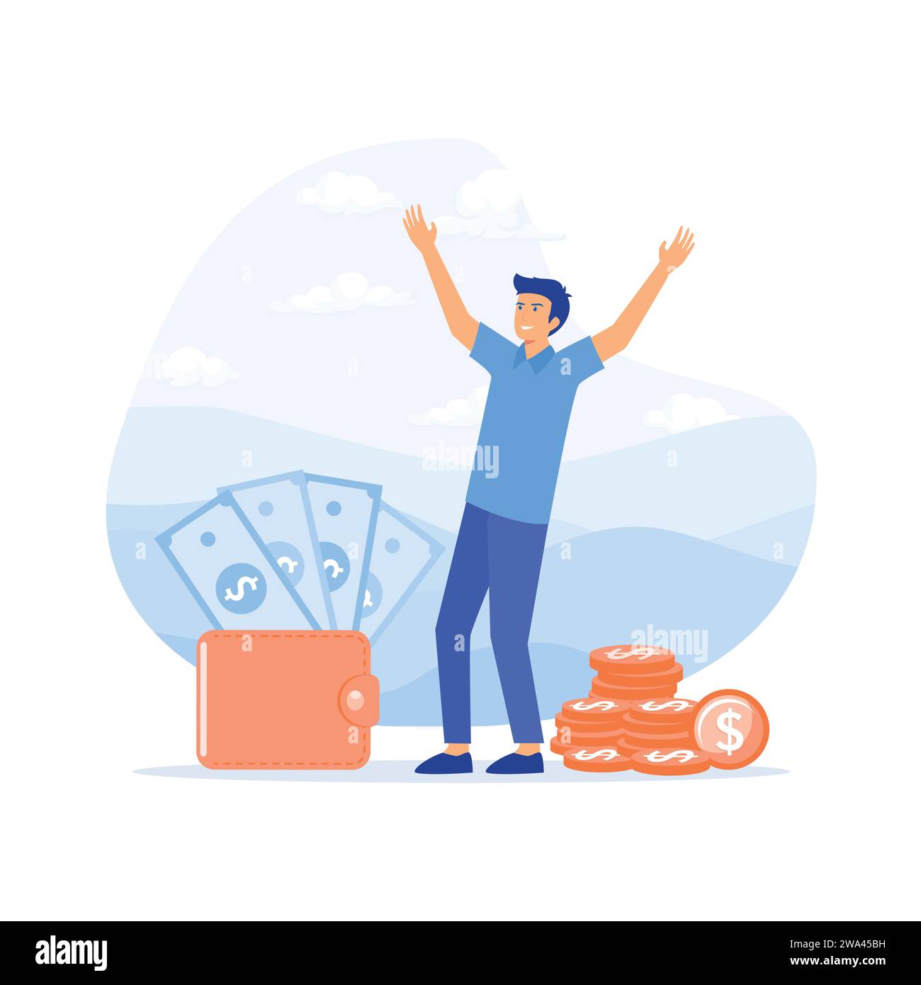 Salary payment. Man stands with a new received a salary, flat